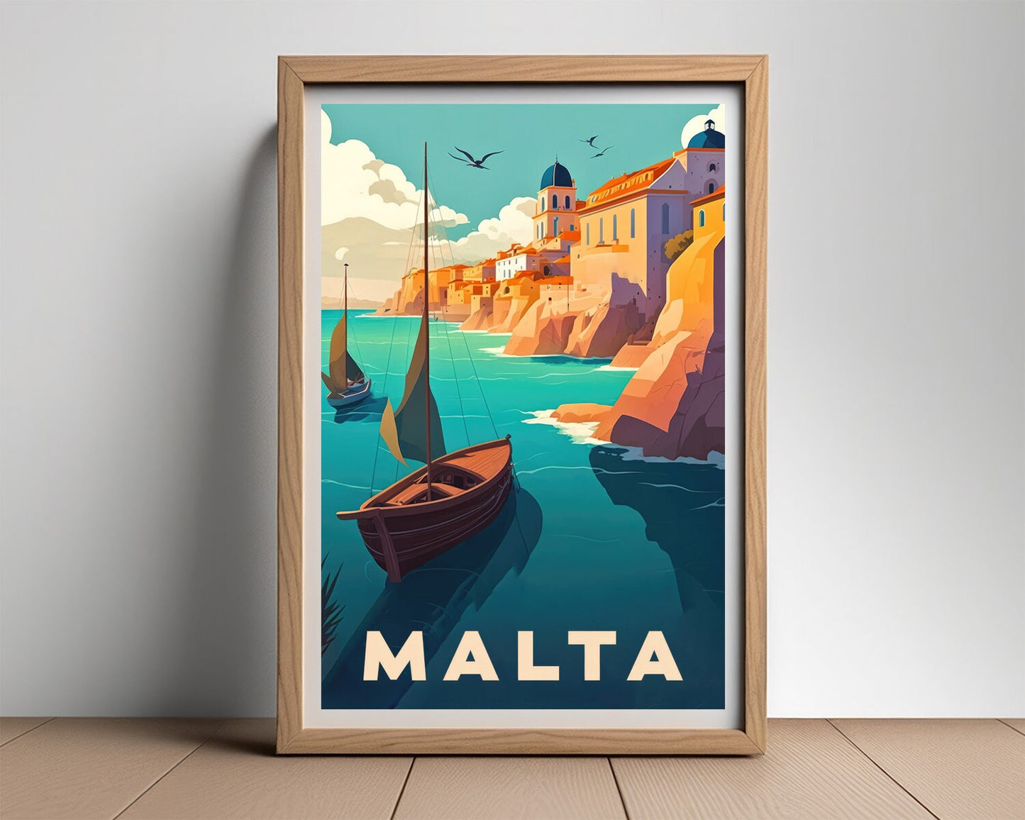 Framed Malta Europe Travel Poster in Portrait orientation, minimal background, close up wall art print 2