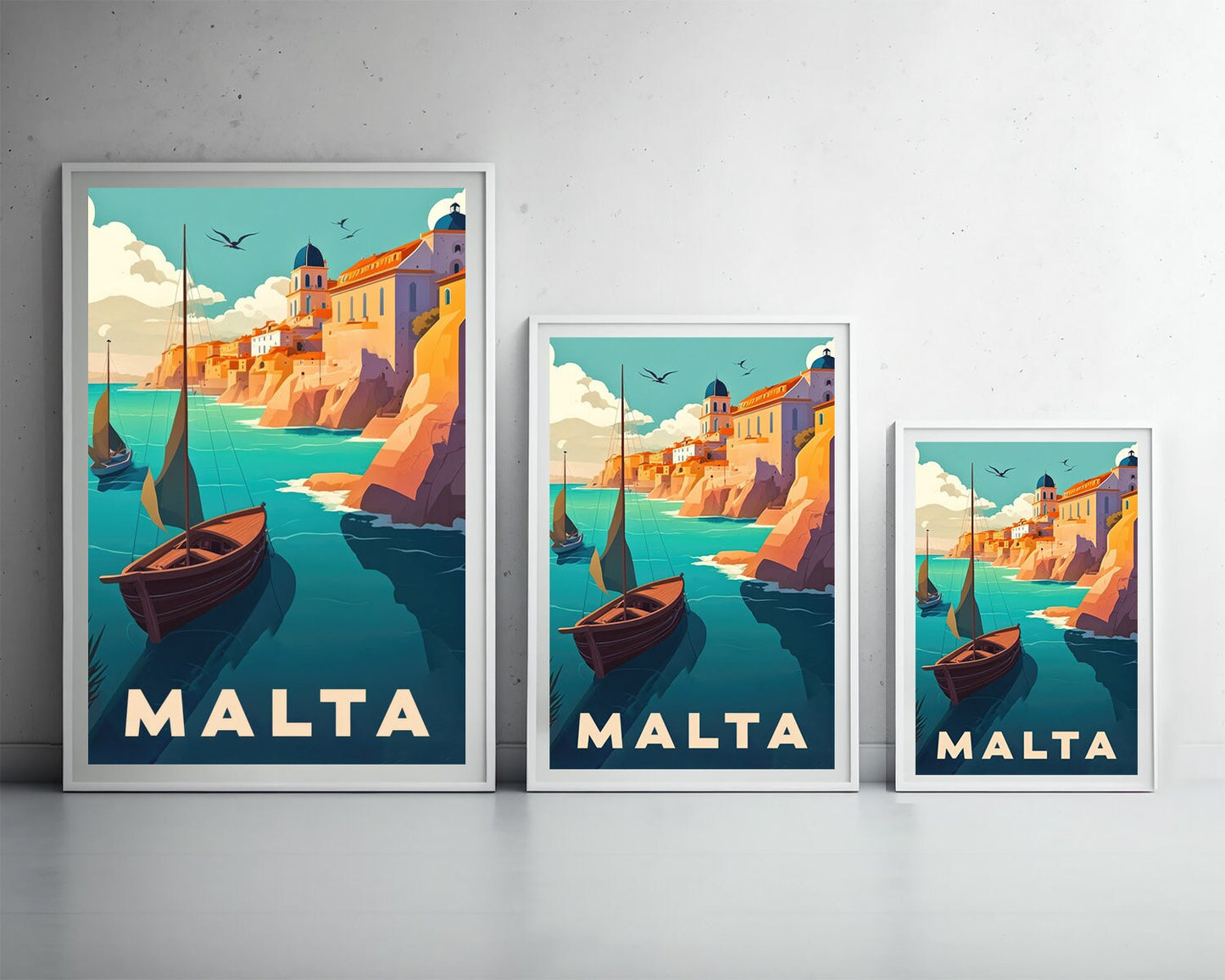 Framed Malta Europe Travel Poster in Portrait orientation, minimal background, close up wall art print 3