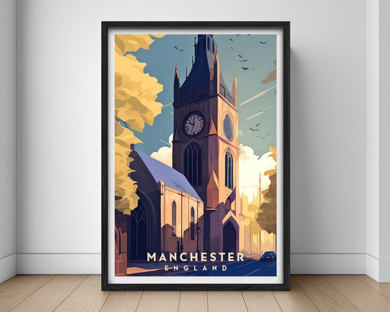 Framed Manchester UK Travel Poster in Portrait orientation, minimal background, close up wall art print 1