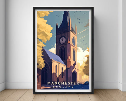 Framed Manchester UK Travel Poster in Portrait orientation, minimal background, close up wall art print 1