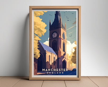 Framed Manchester UK Travel Poster in Portrait orientation, minimal background, close up wall art print 2