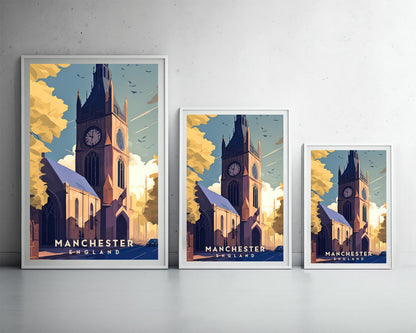 Framed Manchester UK Travel Poster in Portrait orientation, minimal background, close up wall art print 3