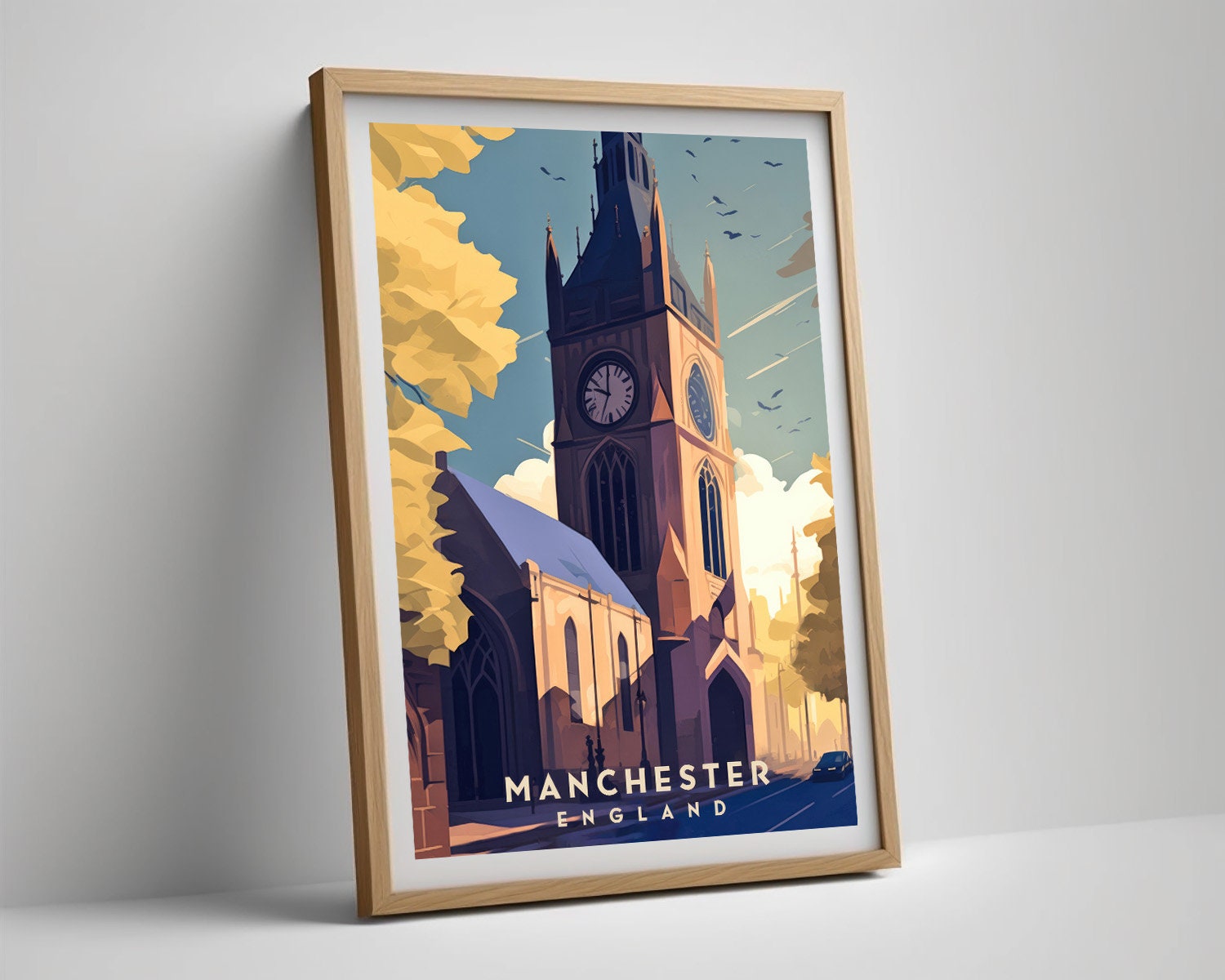 Framed Manchester UK Travel Poster in Portrait orientation, minimal background, close up wall art print 4