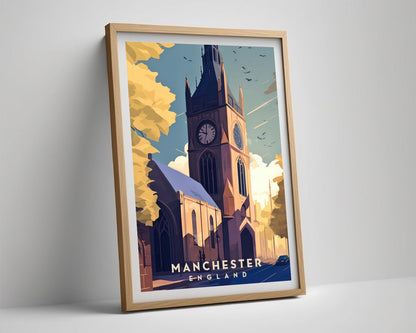 Framed Manchester UK Travel Poster in Portrait orientation, minimal background, close up wall art print 4