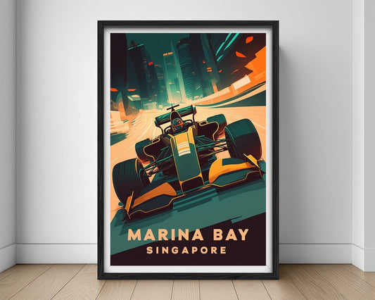 Framed Marina Bay Singapore Travel Poster in Portrait orientation, minimal background, close up wall art print 1
