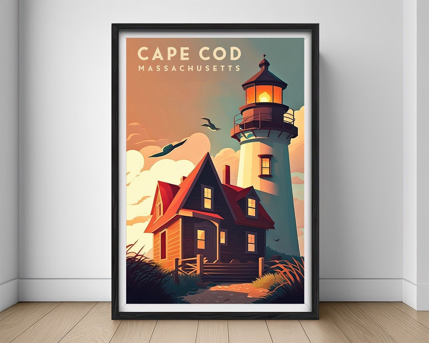 Framed Massachusetts Cape Cod Travel Poster in Portrait orientation, minimal background, close up wall art print 1