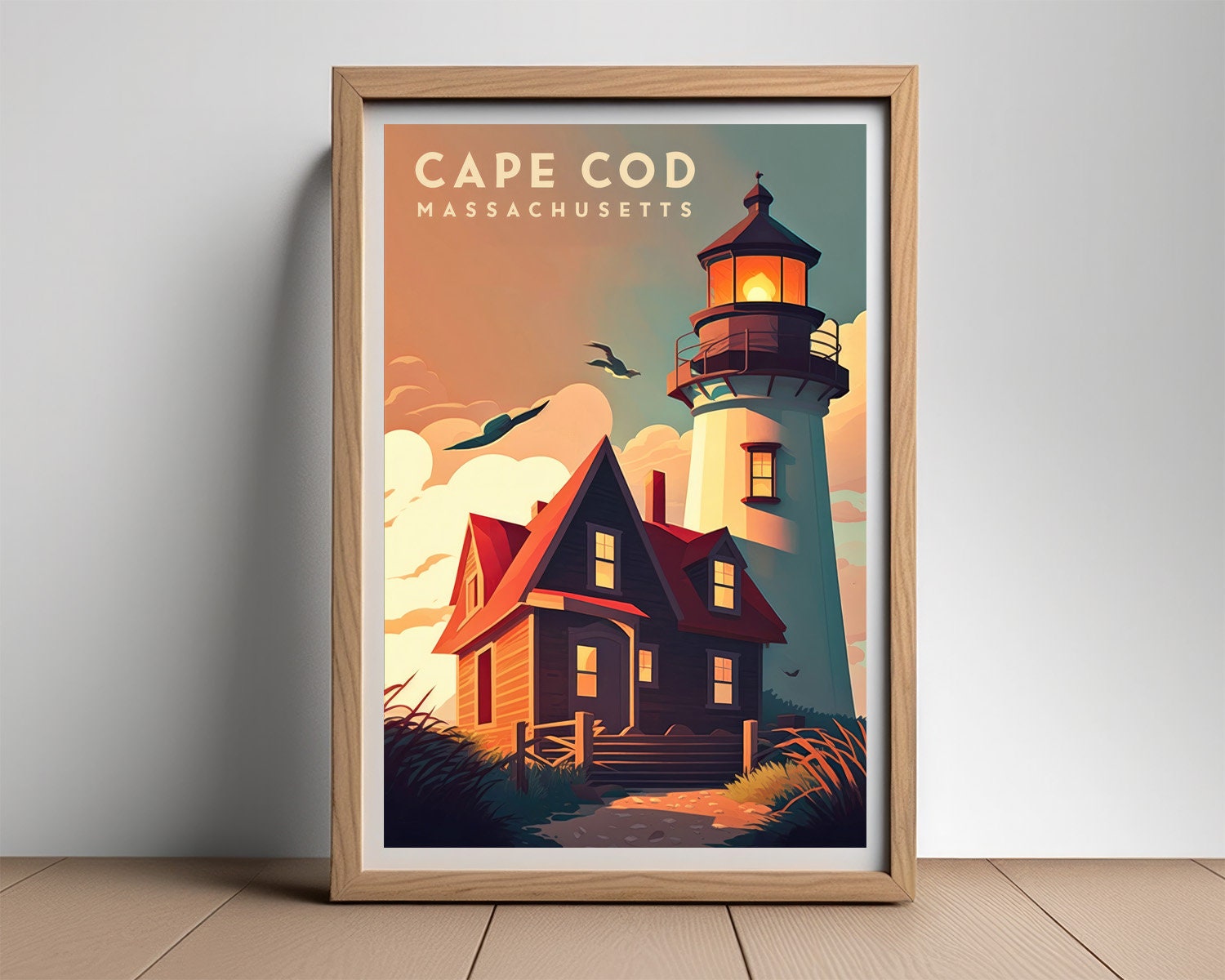 Framed Massachusetts Cape Cod Travel Poster in Portrait orientation, minimal background, close up wall art print 2