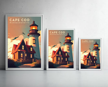 Framed Massachusetts Cape Cod Travel Poster in Portrait orientation, minimal background, close up wall art print 3