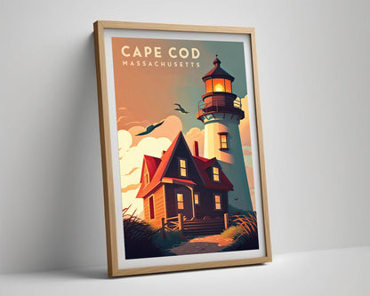 Framed Massachusetts Cape Cod Travel Poster in Portrait orientation, minimal background, close up wall art print 4