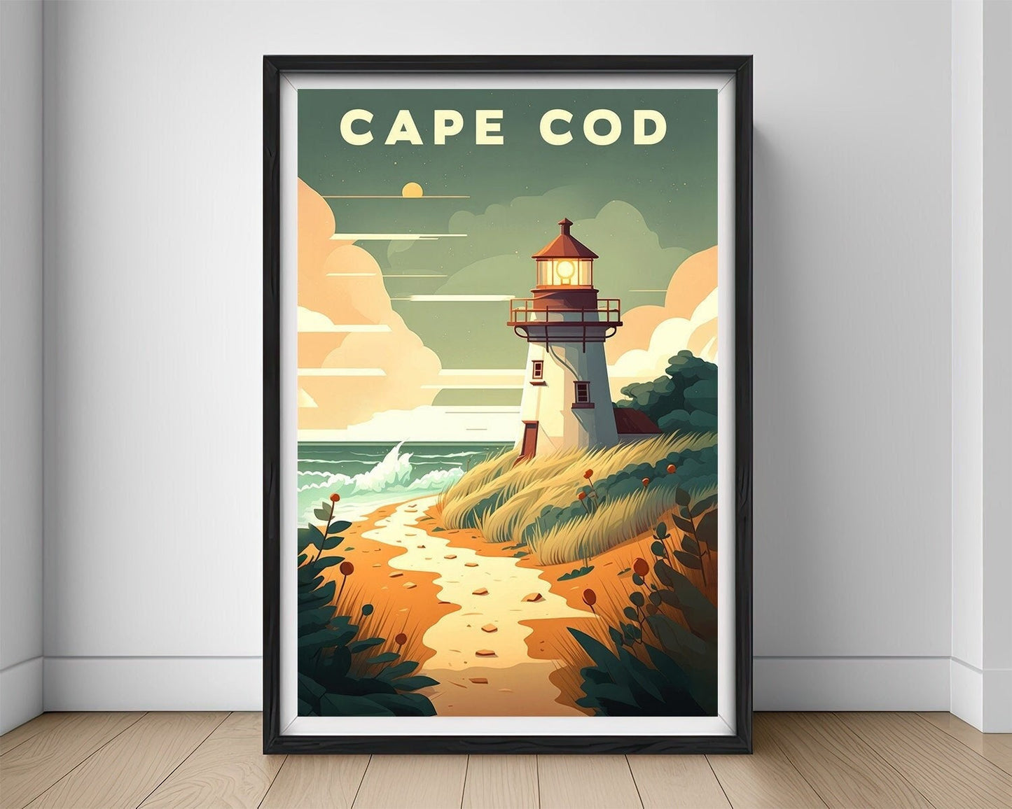 Framed Massachusetts Cape Cod USA Travel Poster in Portrait orientation, minimal background, close up wall art print 1