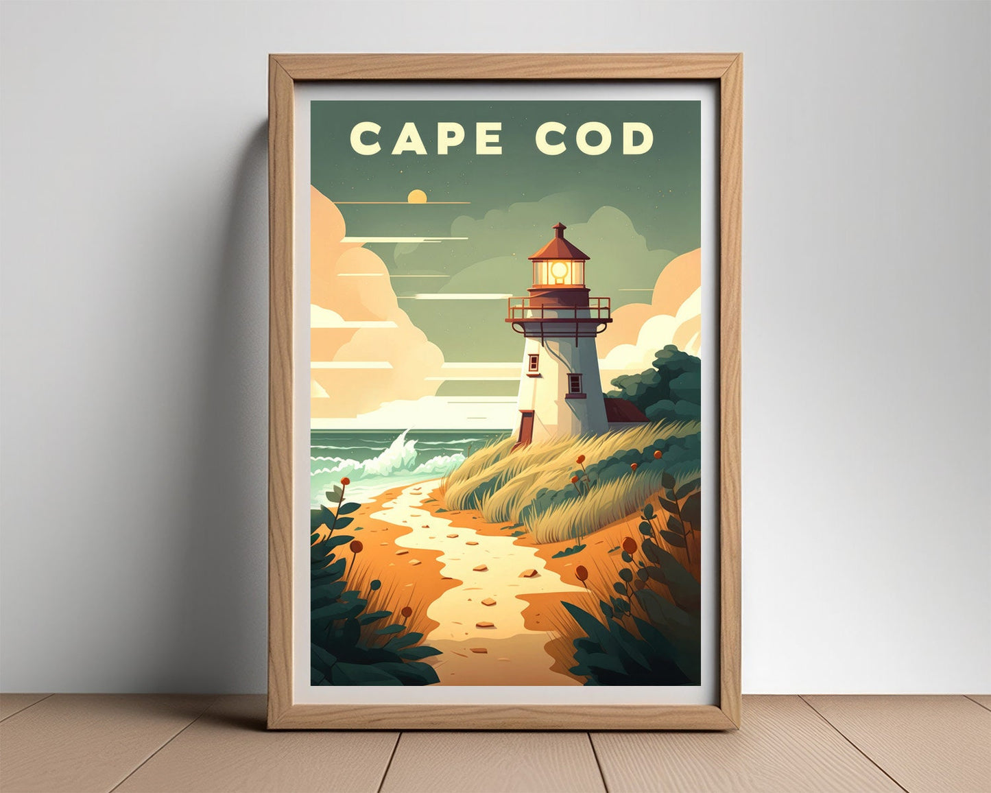 Framed Massachusetts Cape Cod USA Travel Poster in Portrait orientation, minimal background, close up wall art print 2