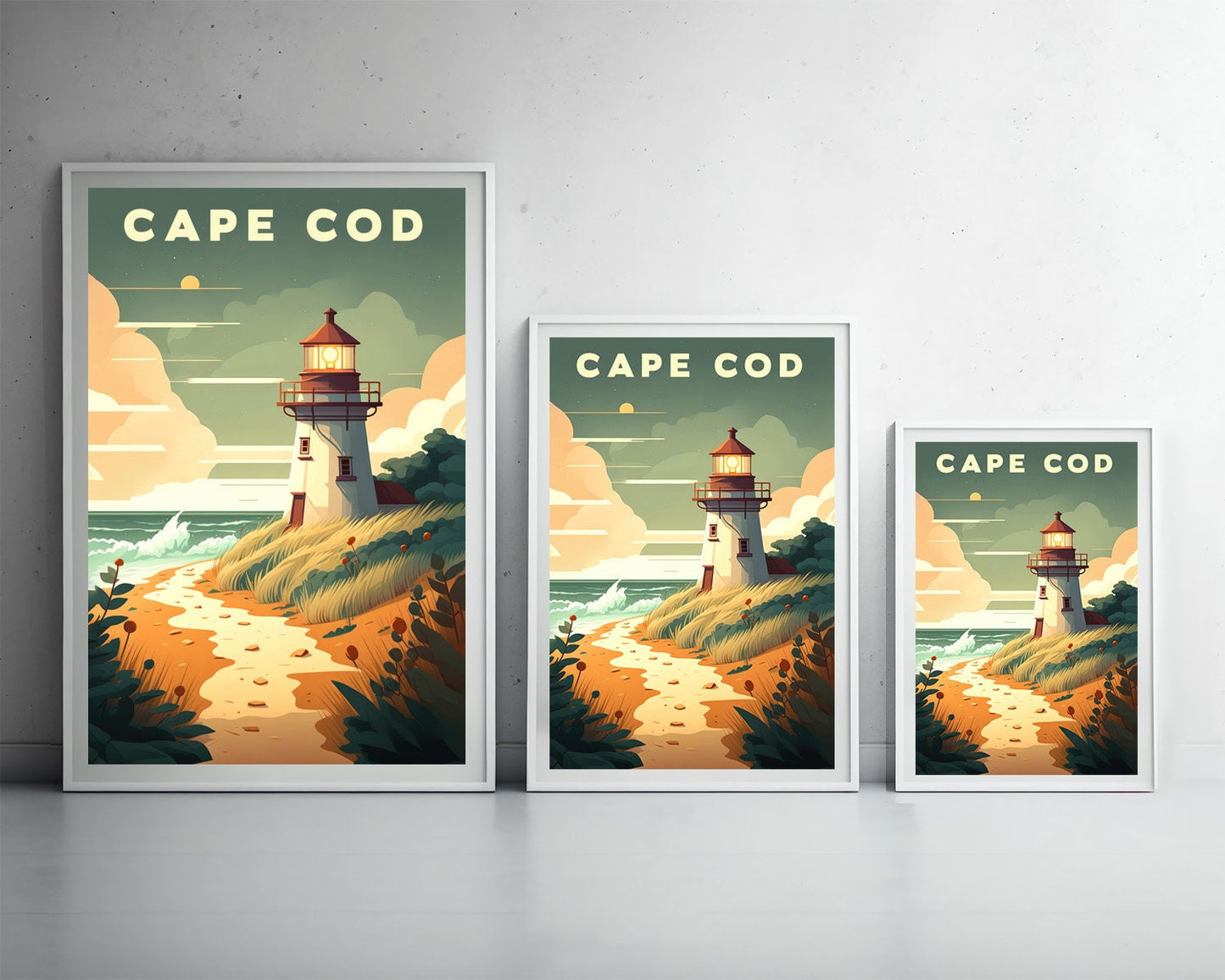 Framed Massachusetts Cape Cod USA Travel Poster in Portrait orientation, minimal background, close up wall art print 3