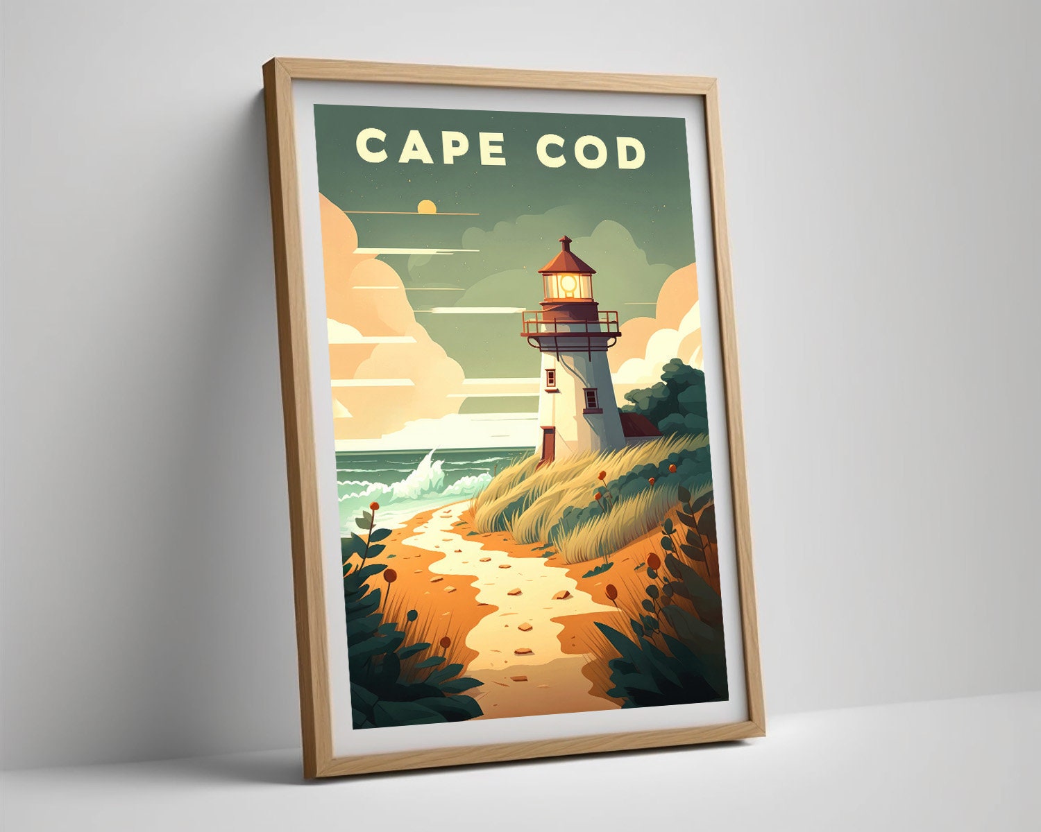 Framed Massachusetts Cape Cod USA Travel Poster in Portrait orientation, minimal background, close up wall art print 4
