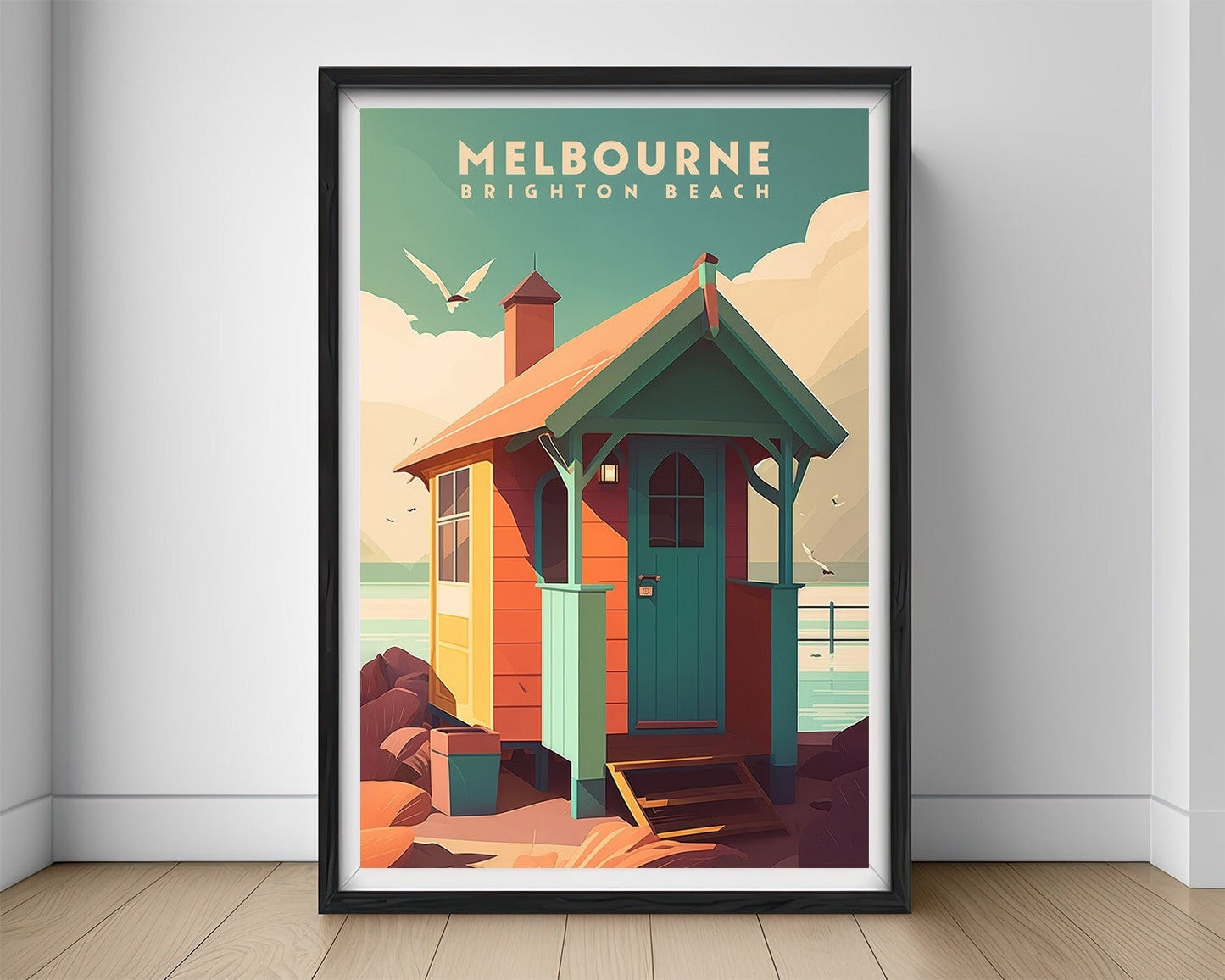 Framed Melbourne Brighton Beach Travel Poster in Portrait orientation, minimal background, close up wall art print 1