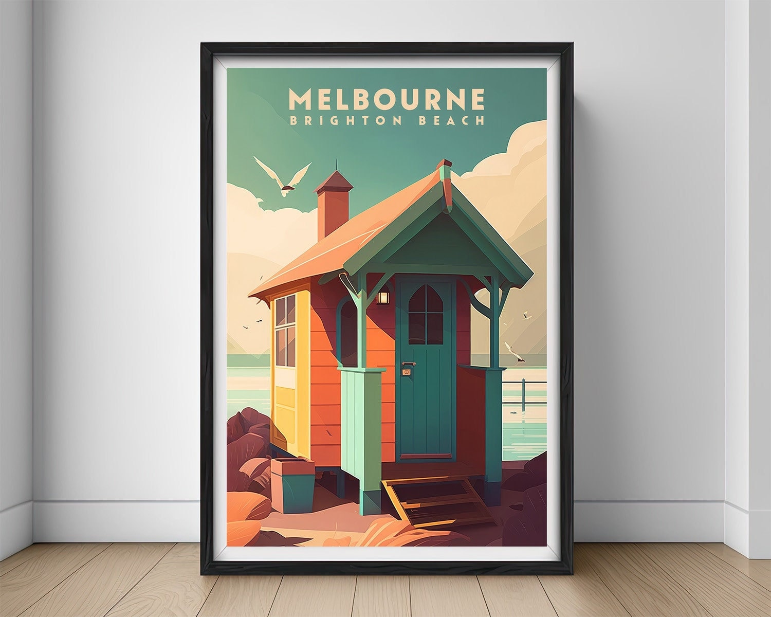 Framed Melbourne Brighton Beach Travel Poster in Portrait orientation, minimal background, close up wall art print 1