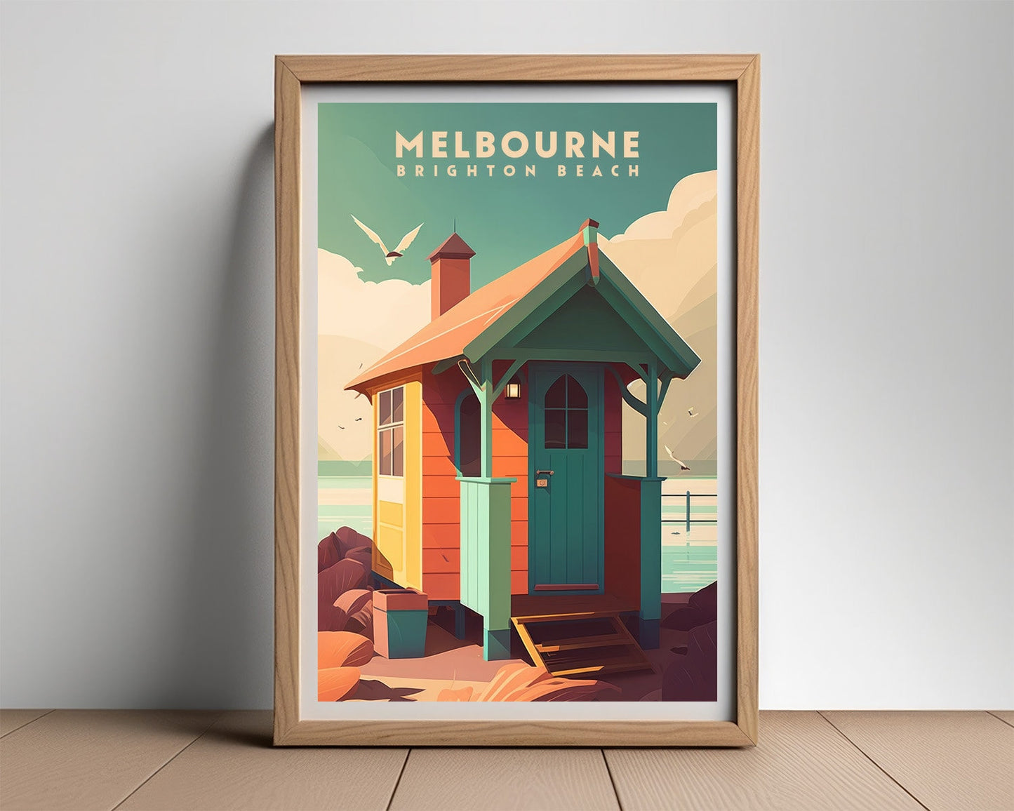 Framed Melbourne Brighton Beach Travel Poster in Portrait orientation, minimal background, close up wall art print 2