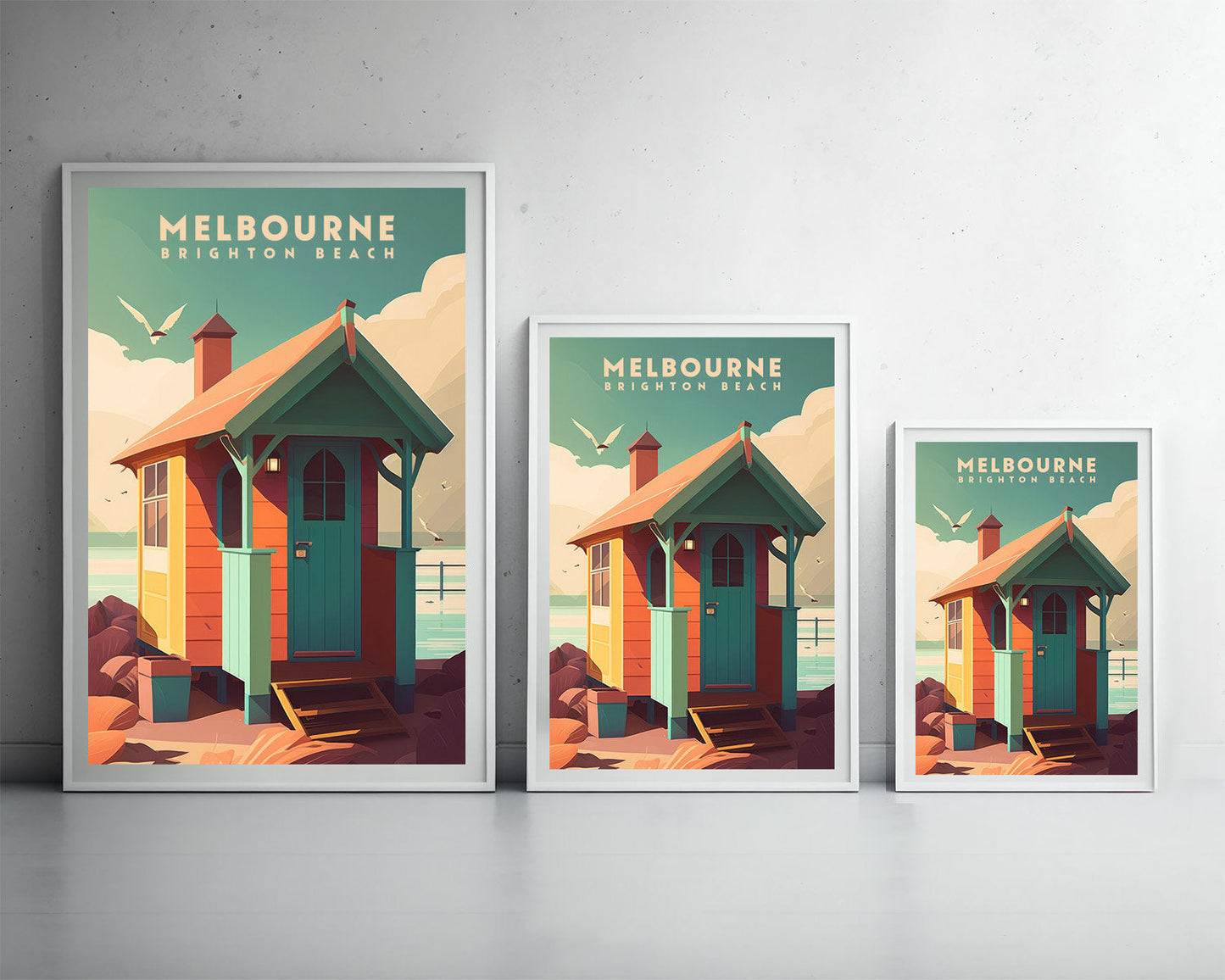 Framed Melbourne Brighton Beach Travel Poster in Portrait orientation, minimal background, close up wall art print 3