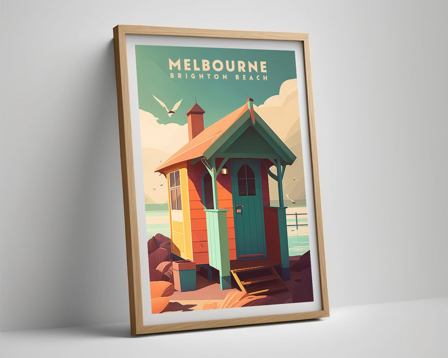 Framed Melbourne Brighton Beach Travel Poster in Portrait orientation, minimal background, close up wall art print 4