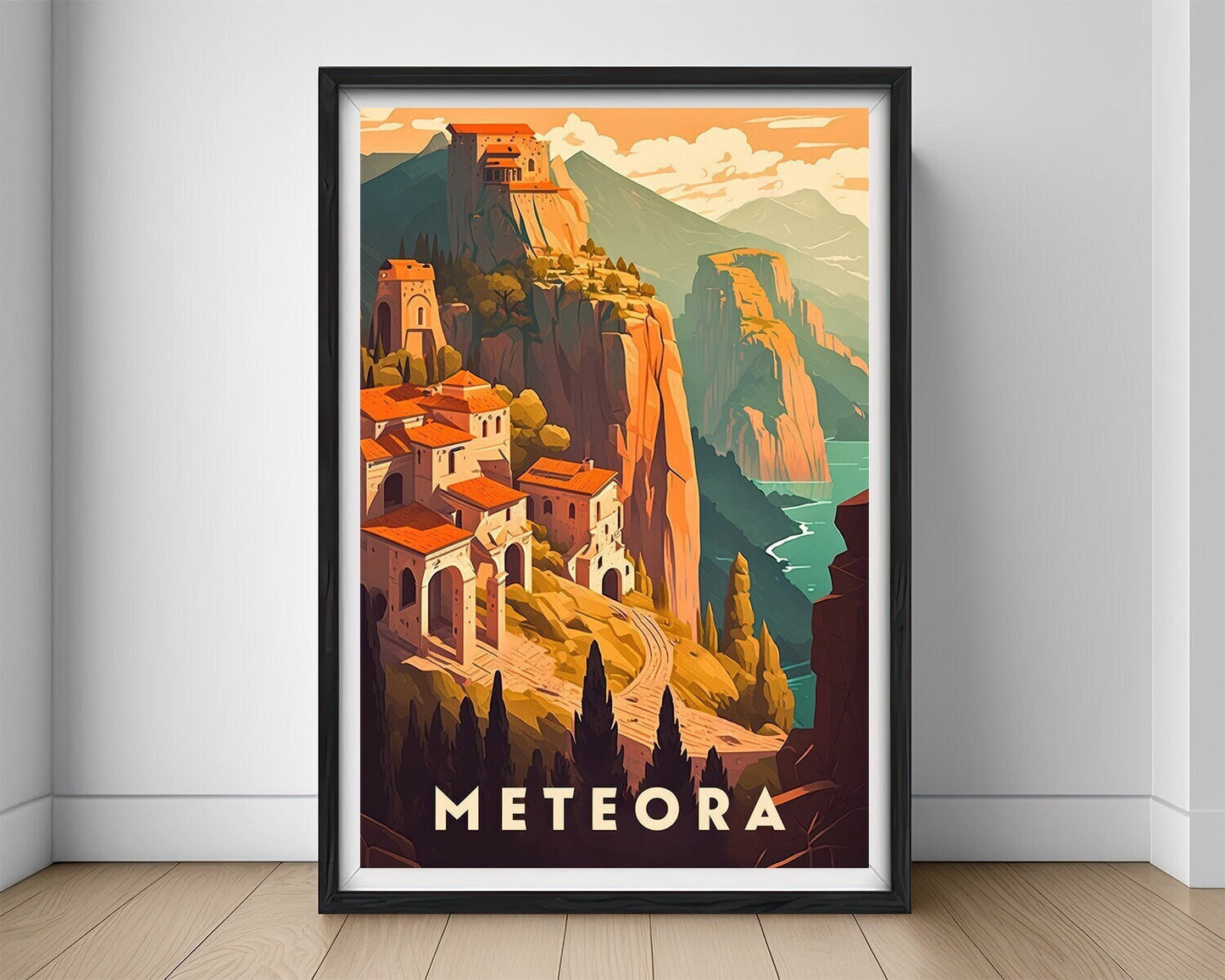 Framed Meteora Greece Europe Travel Poster in Portrait orientation, minimal background, close up wall art print 1