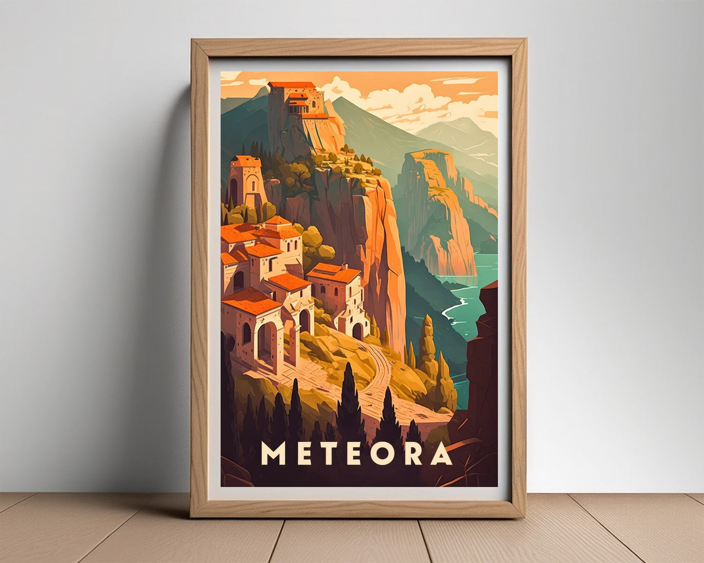 Framed Meteora Greece Europe Travel Poster in Portrait orientation, minimal background, close up wall art print 2