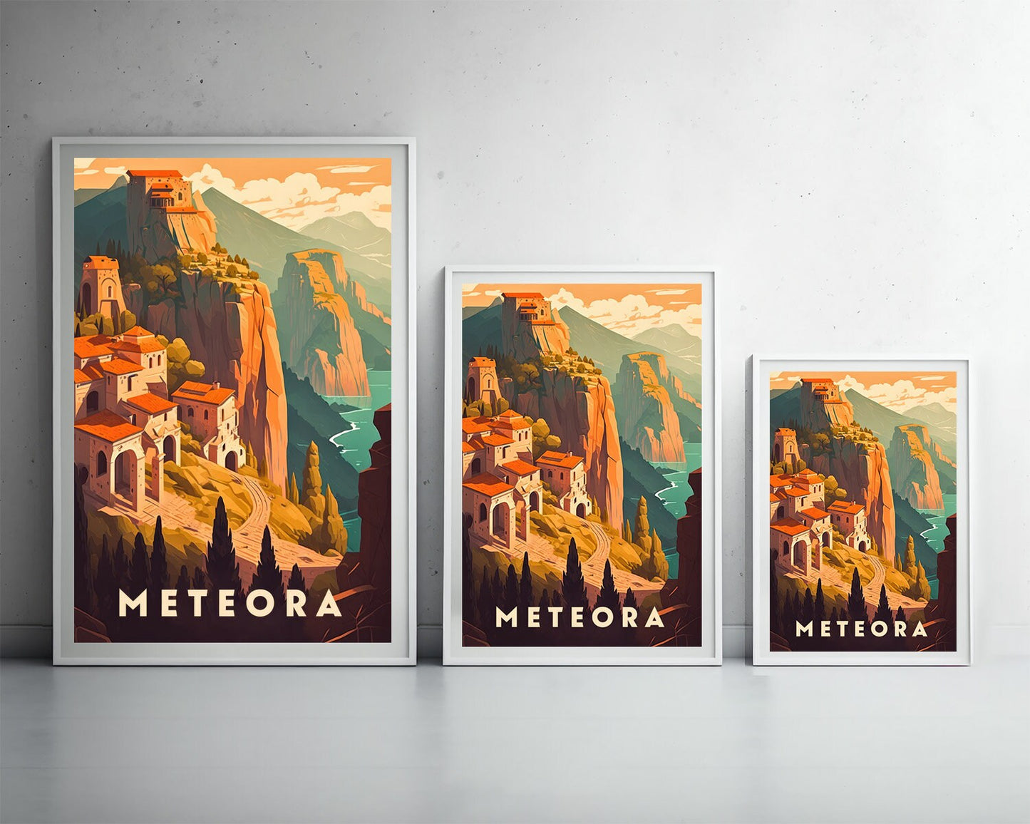 Framed Meteora Greece Europe Travel Poster in Portrait orientation, minimal background, close up wall art print 3
