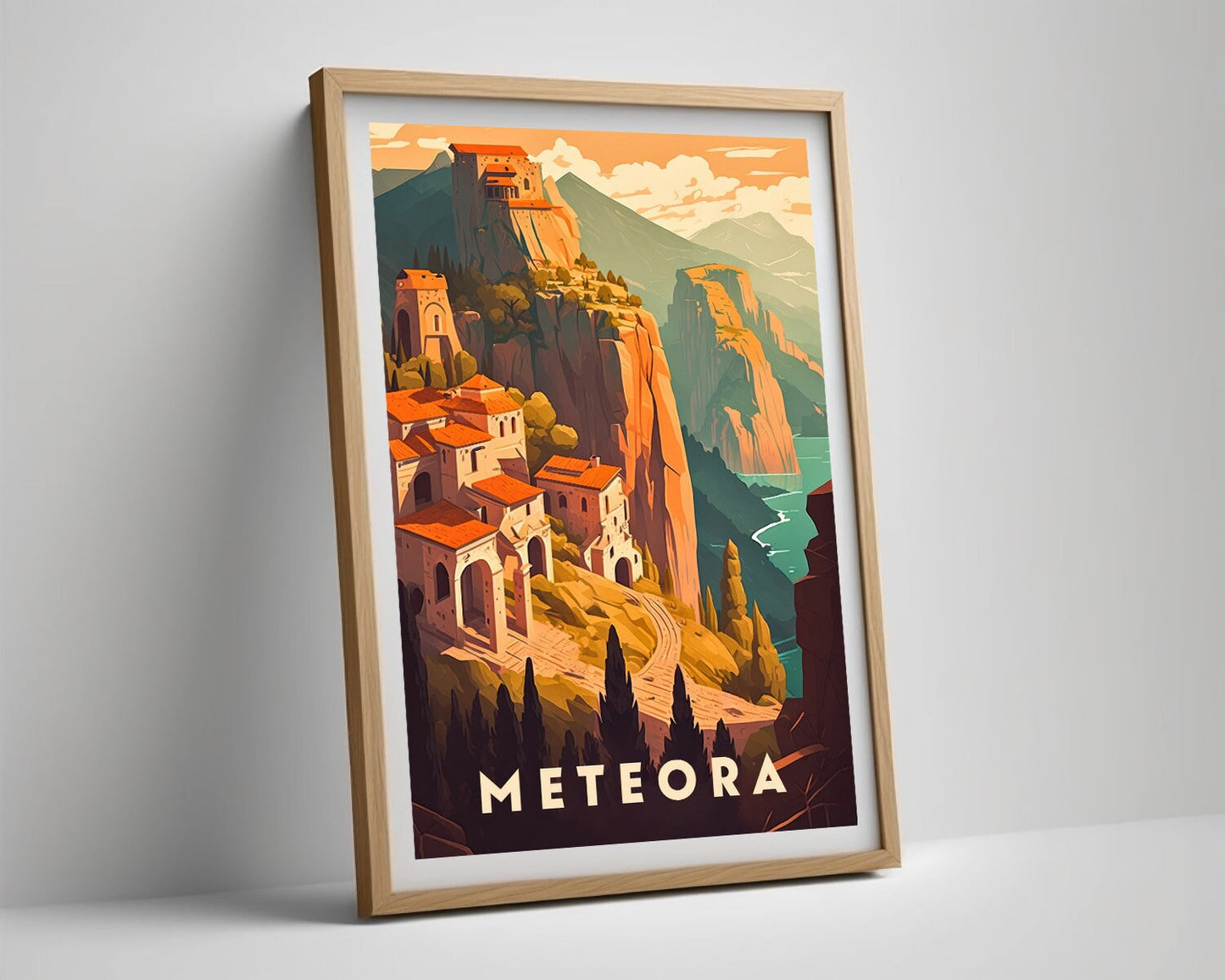 Framed Meteora Greece Europe Travel Poster in Portrait orientation, minimal background, close up wall art print 4