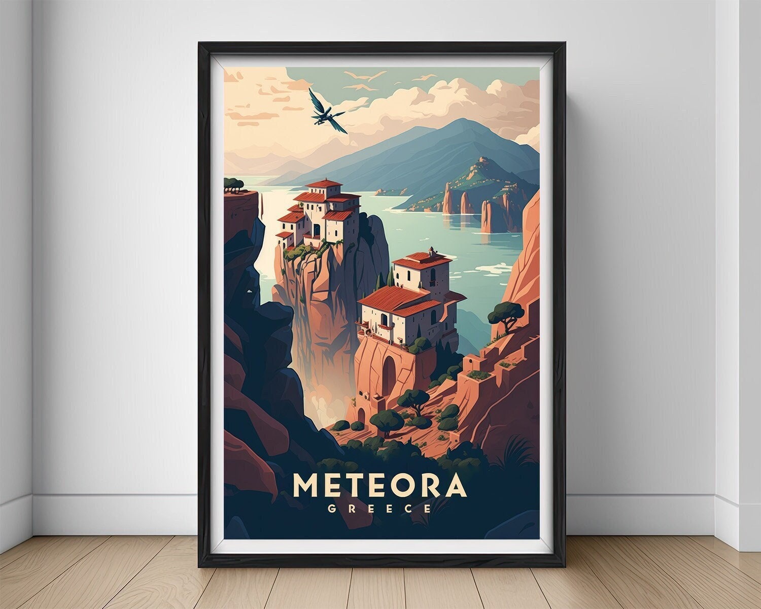Framed Meteora Greece Travel Poster in Portrait orientation, minimal background, close up wall art print 1