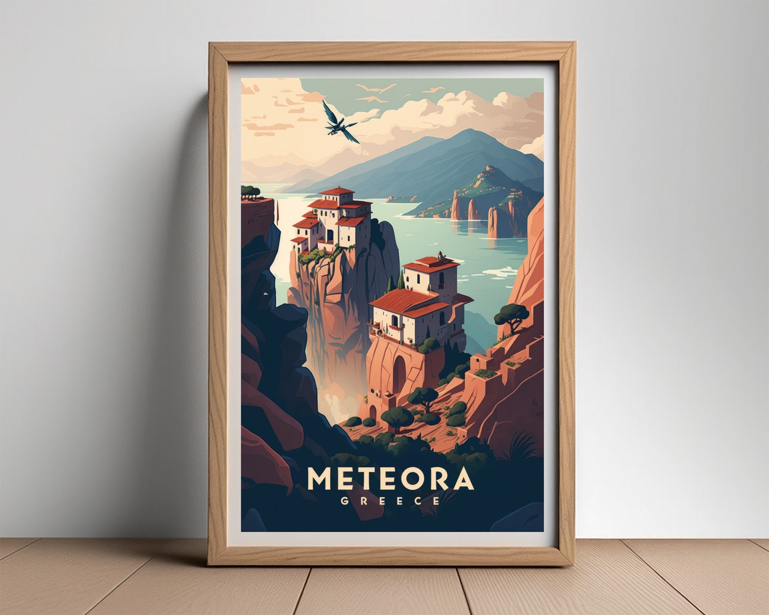 Framed Meteora Greece Travel Poster in Portrait orientation, minimal background, close up wall art print 2