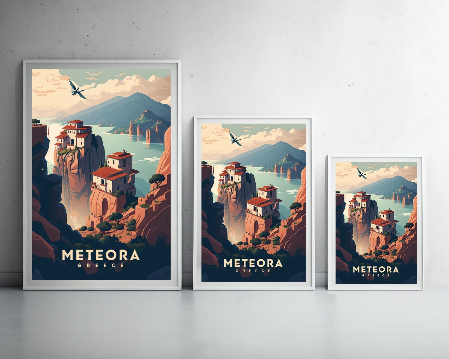 Framed Meteora Greece Travel Poster in Portrait orientation, minimal background, close up wall art print 3