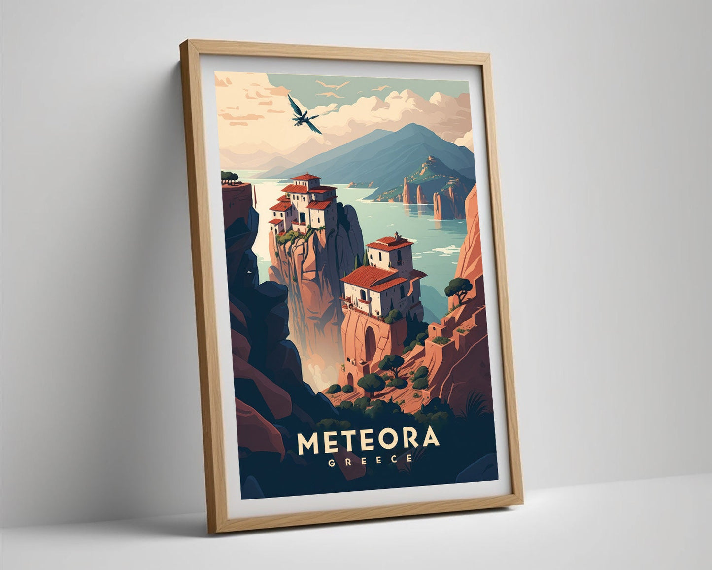 Framed Meteora Greece Travel Poster in Portrait orientation, minimal background, close up wall art print 4