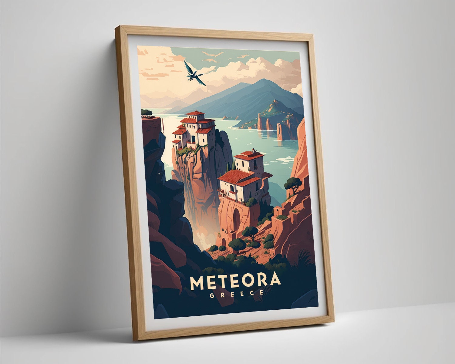 Framed Meteora Greece Travel Poster in Portrait orientation, minimal background, close up wall art print 4