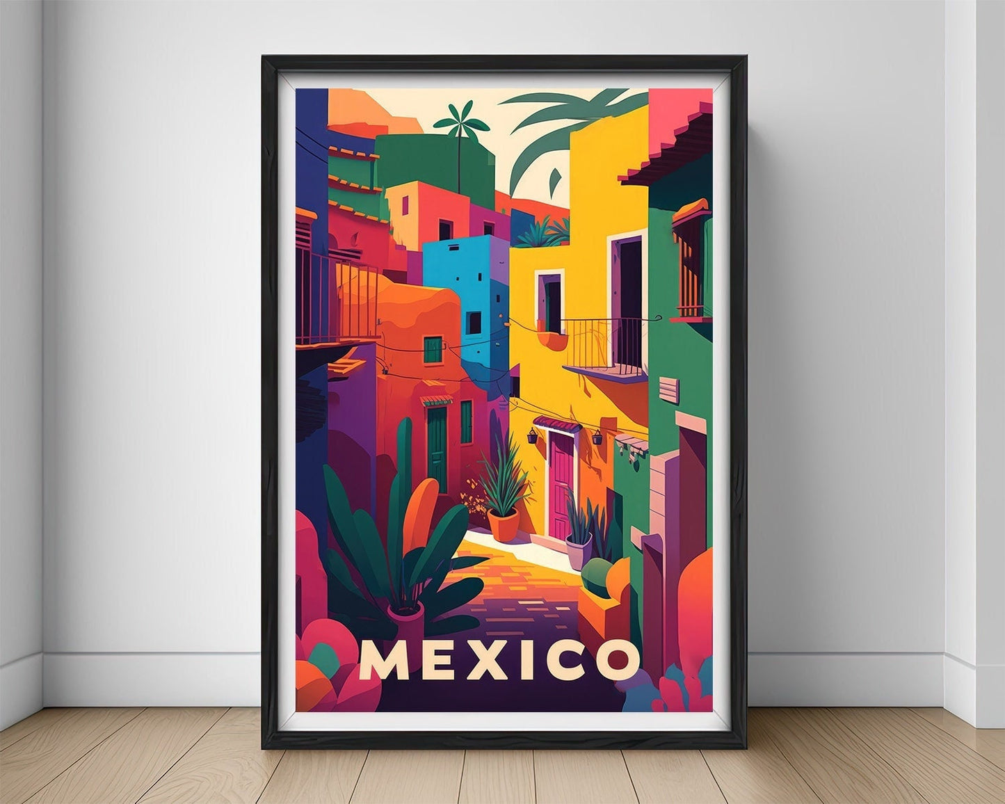 Framed Mexico Colourful Travel Poster in Portrait orientation, minimal background, close up wall art print 1