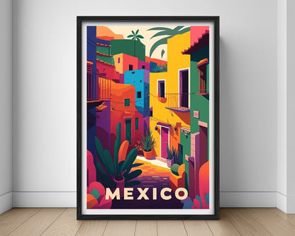 Framed Mexico Colourful Travel Poster in Portrait orientation, minimal background, close up wall art print 1