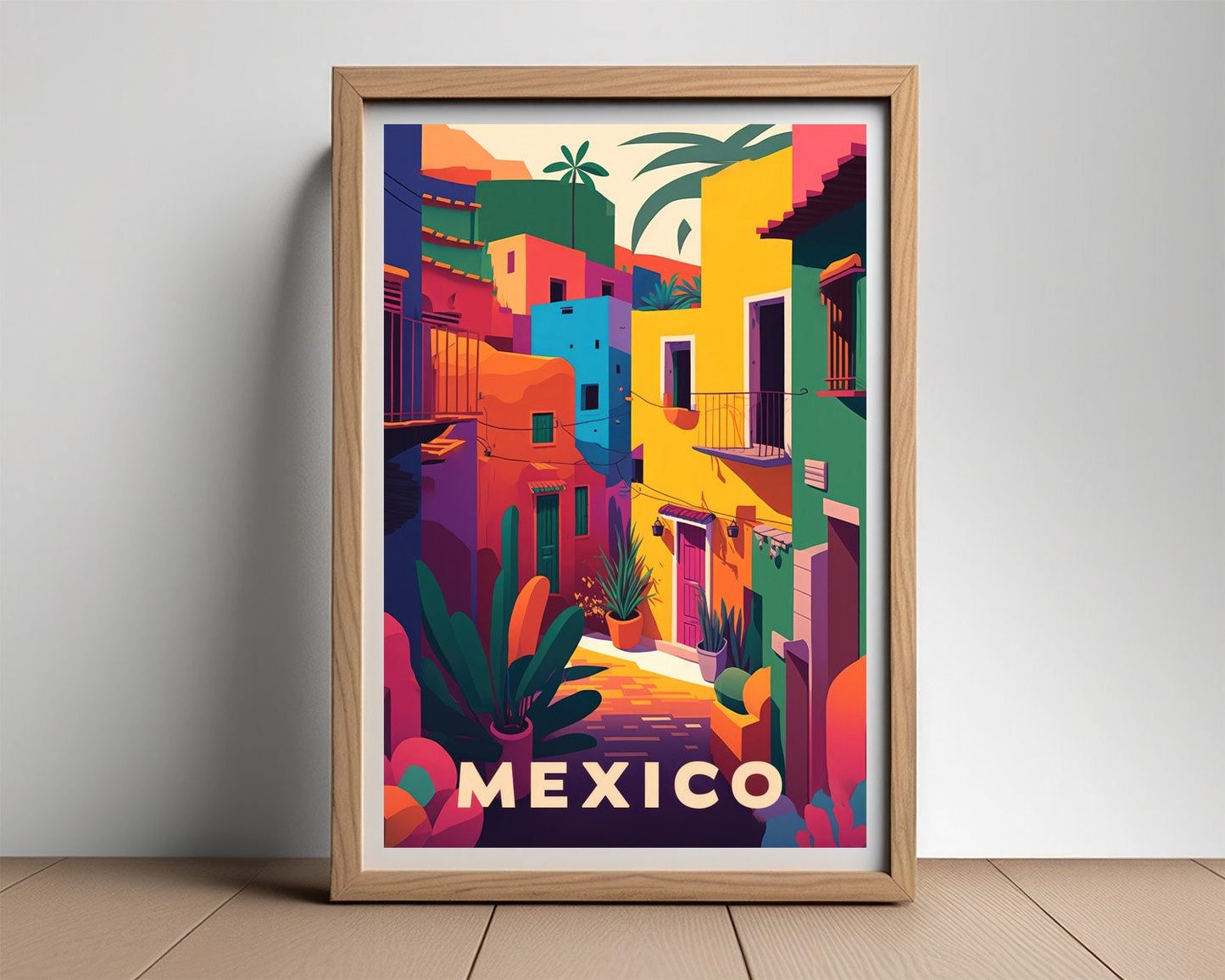 Framed Mexico Colourful Travel Poster in Portrait orientation, minimal background, close up wall art print 2