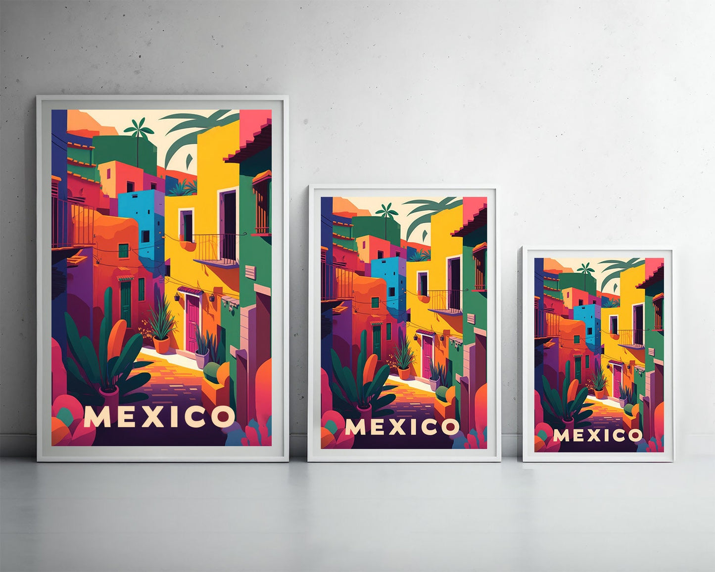 Framed Mexico Colourful Travel Poster in Portrait orientation, minimal background, close up wall art print 3