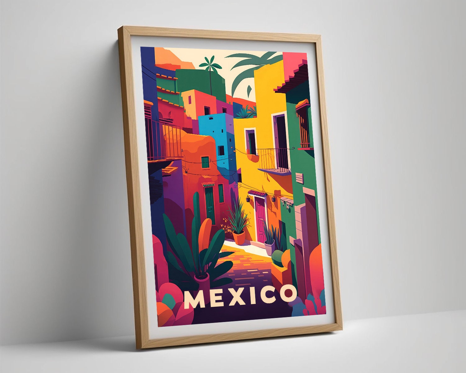 Framed Mexico Colourful Travel Poster in Portrait orientation, minimal background, close up wall art print 4