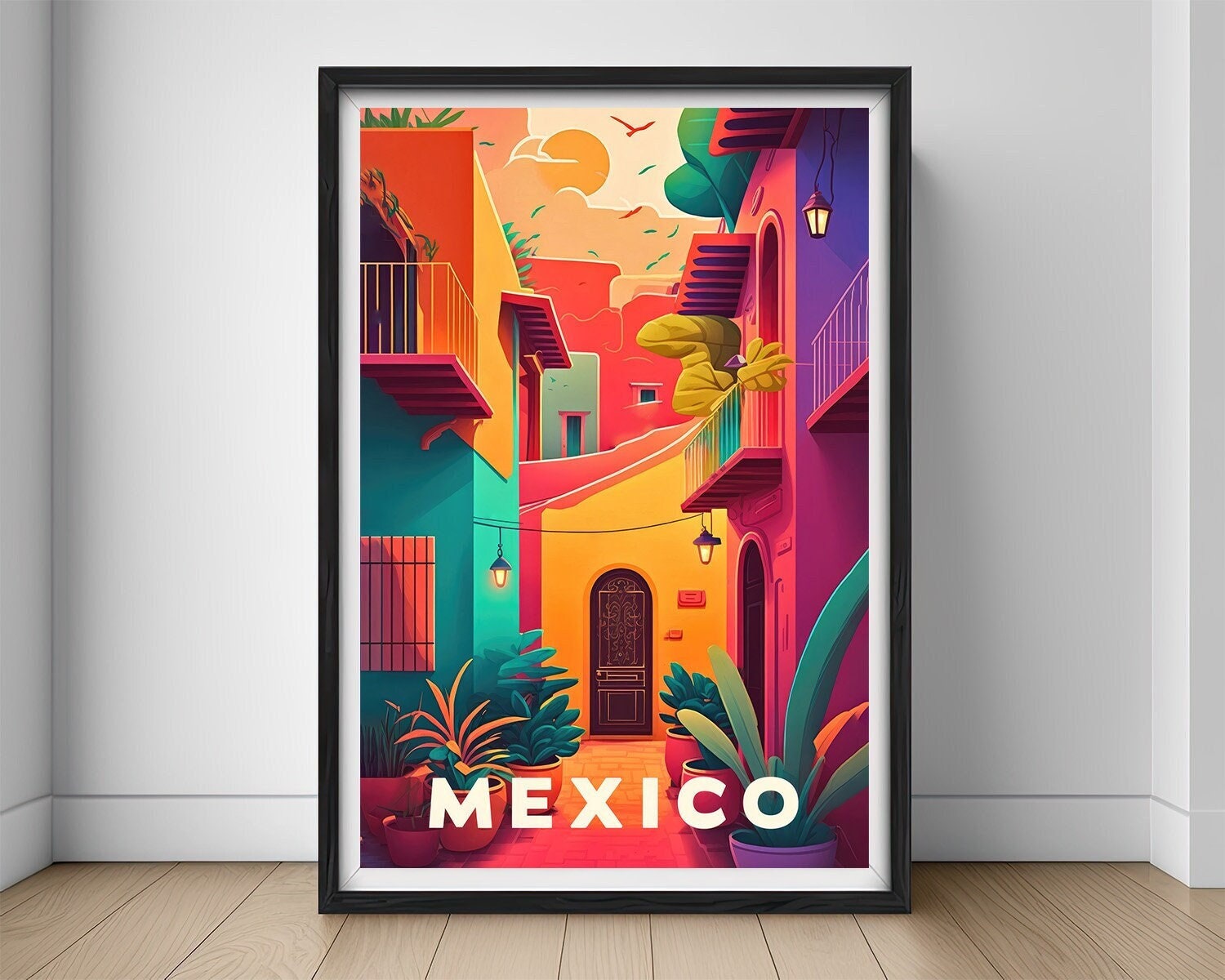Framed Mexico Travel Poster in Portrait orientation, minimal background, close up wall art print 1