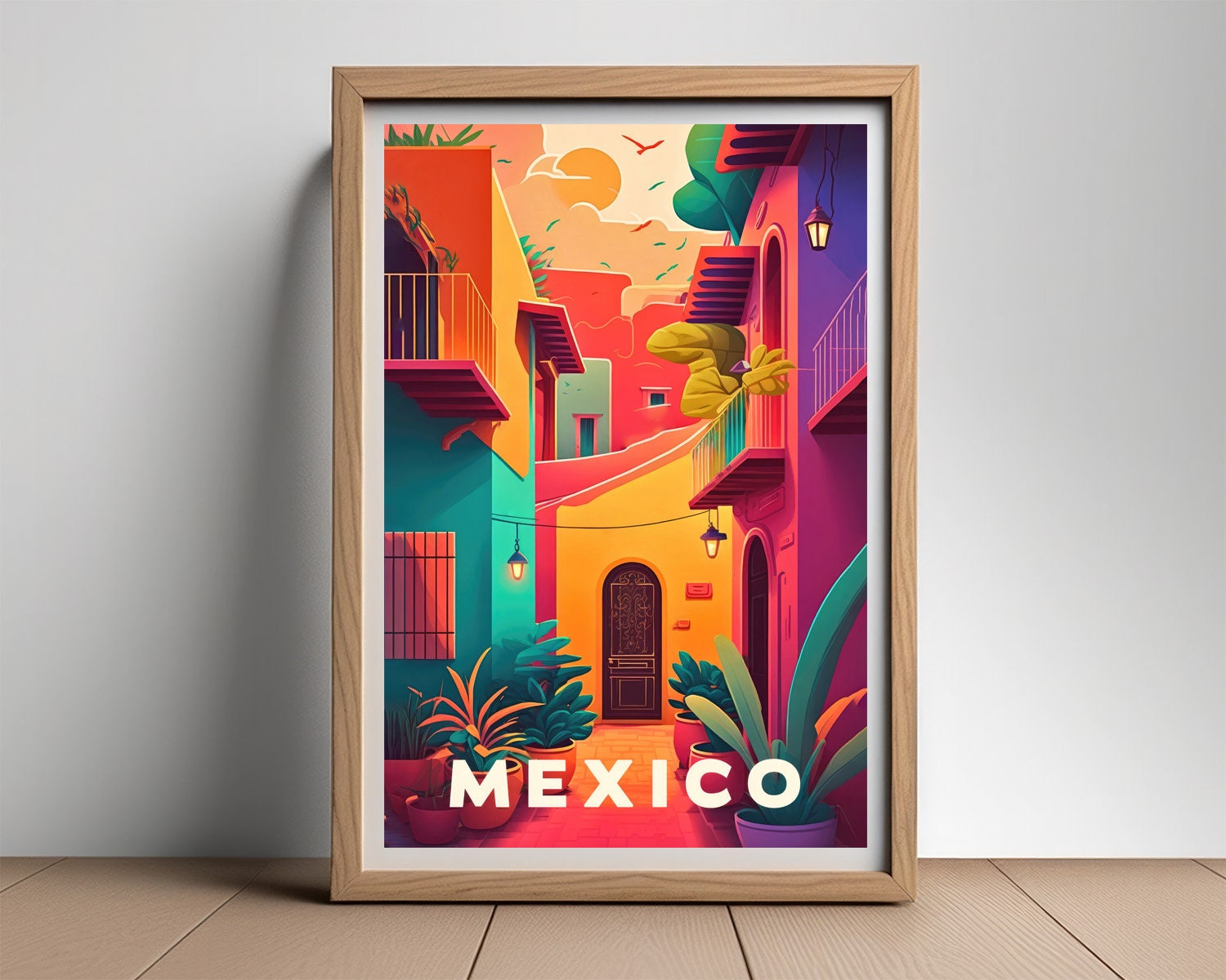 Framed Mexico Travel Poster in Portrait orientation, minimal background, close up wall art print 2