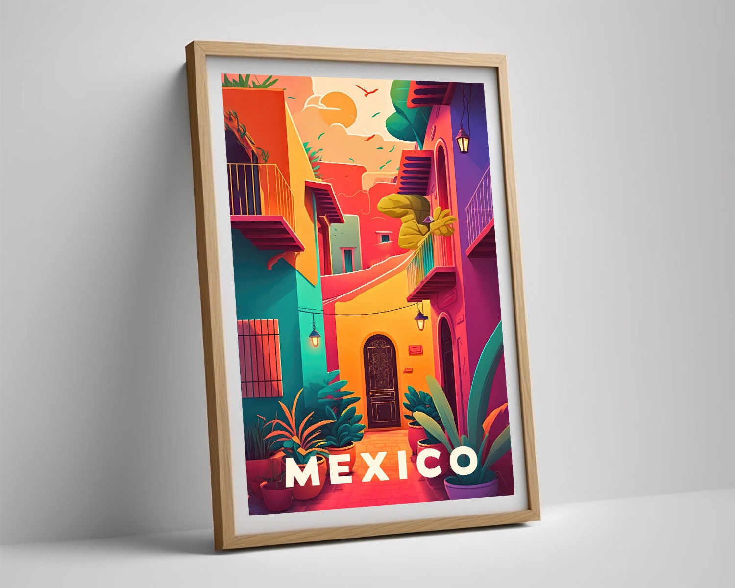 Framed Mexico Travel Poster in Portrait orientation, minimal background, close up wall art print 4
