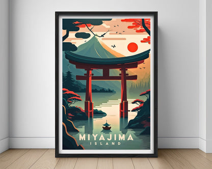 Framed Miyajima Island Japan Travel Poster in Portrait orientation, minimal background, close up wall art print 1