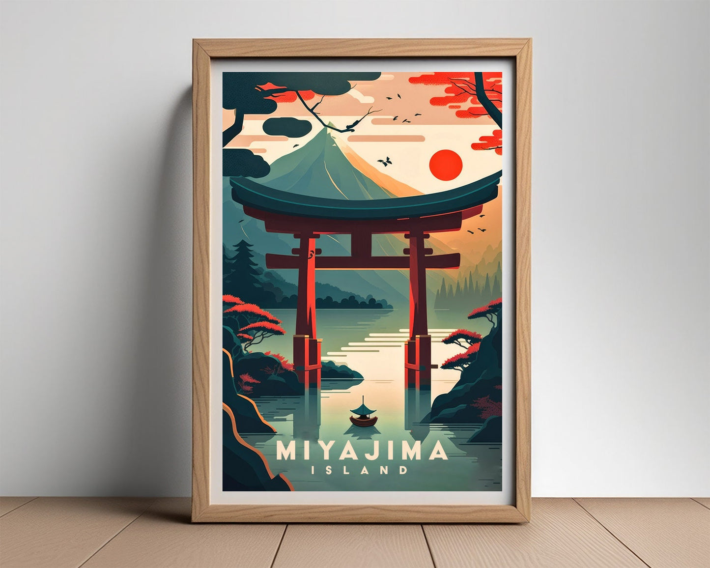 Framed Miyajima Island Japan Travel Poster in Portrait orientation, minimal background, close up wall art print 2