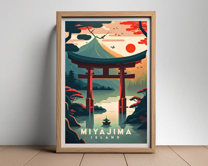 Framed Miyajima Island Japan Travel Poster in Portrait orientation, minimal background, close up wall art print 2