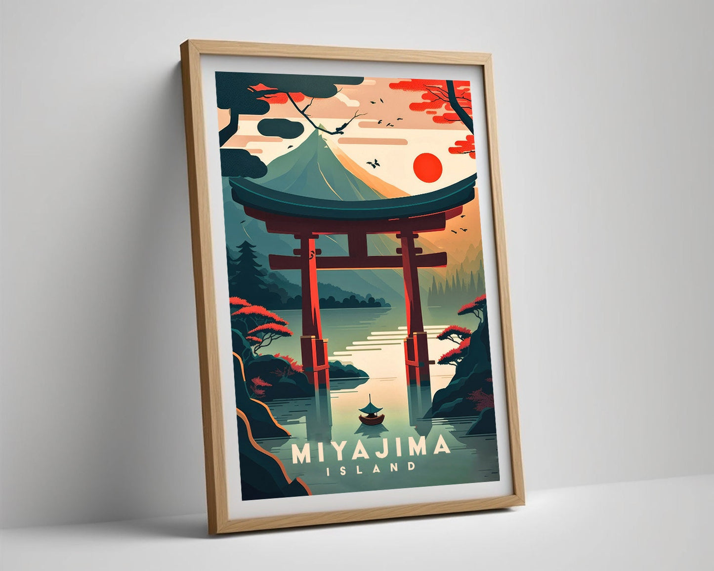Framed Miyajima Island Japan Travel Poster in Portrait orientation, minimal background, close up wall art print 4