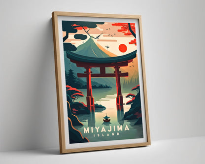Framed Miyajima Island Japan Travel Poster in Portrait orientation, minimal background, close up wall art print 4