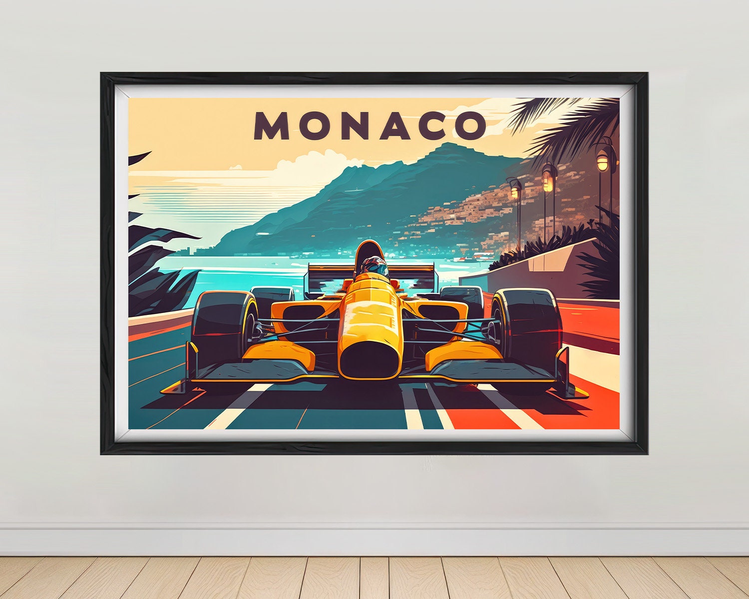 Framed Monaco French Riviera Travel Poster in Landscape orientation, minimal background, close up wall art print 1