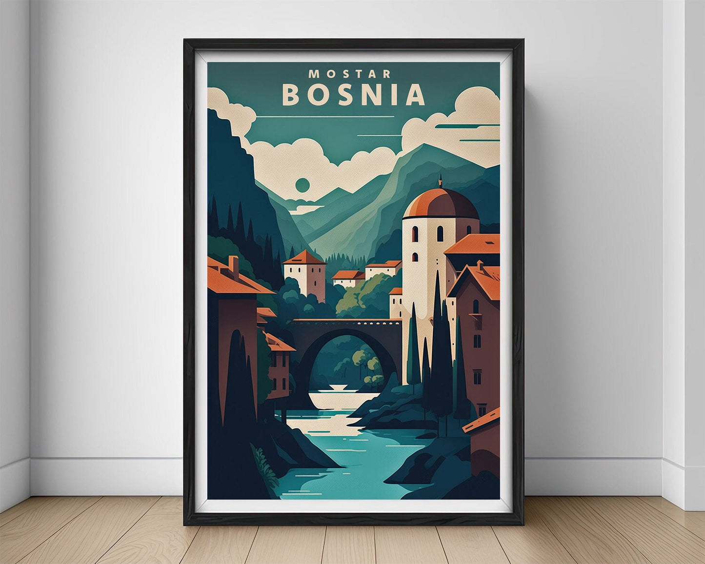 Framed Mostar Bosnia Travel Poster in Portrait orientation, minimal background, close up wall art print 1