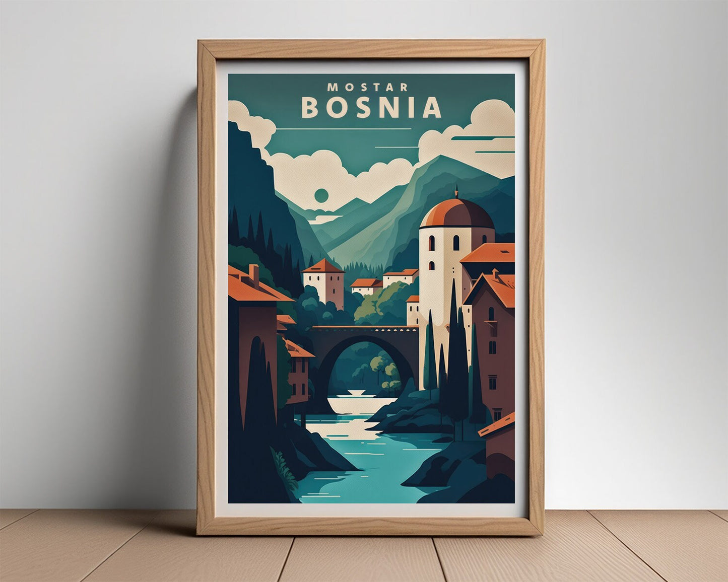 Framed Mostar Bosnia Travel Poster in Portrait orientation, minimal background, close up wall art print 2