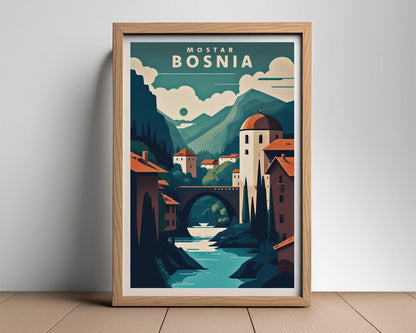 Framed Mostar Bosnia Travel Poster in Portrait orientation, minimal background, close up wall art print 2