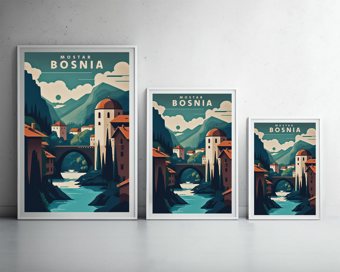 Framed Mostar Bosnia Travel Poster in Portrait orientation, minimal background, close up wall art print 3