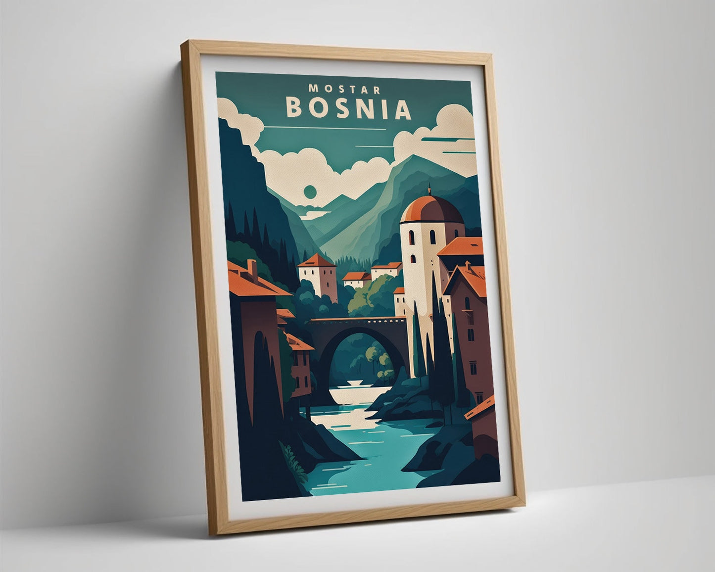 Framed Mostar Bosnia Travel Poster in Portrait orientation, minimal background, close up wall art print 4
